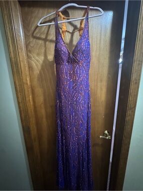 Precious Formals Purple Beaded V-Neck Maxi Dress